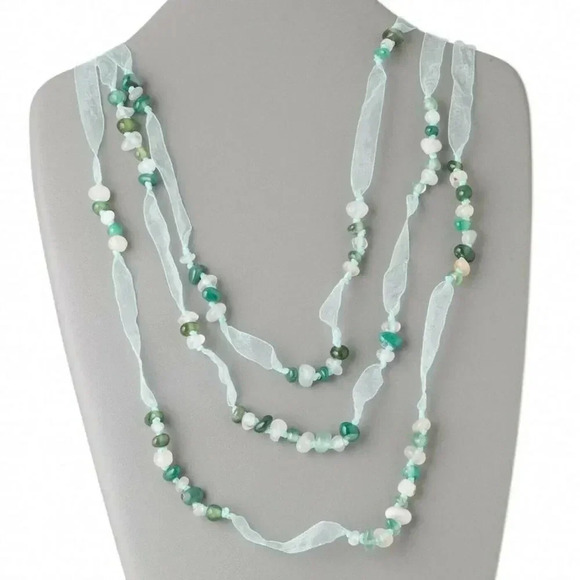 Handcrafted Green White Agate Pebble Gemstone Organza Ribbon 3 Strand Necklace - Picture 1 of 3
